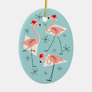 En Céramique Flamant rose Santas Bleu Texte ornement ovale