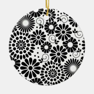 En Céramique Fleurs blanches noires rétro Ornement