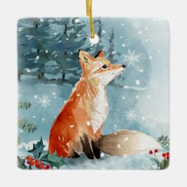 En Céramique Forêt d'hiver, renard, bûcher cabine Ornement céra