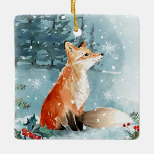 En Céramique Forêt d'hiver, renard, bûcher cabine Ornement céra