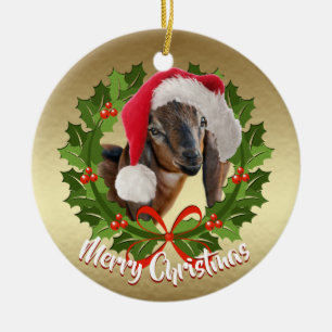 En Céramique GOAT Nubian Doe Kid Santa Hat Noël Ornement