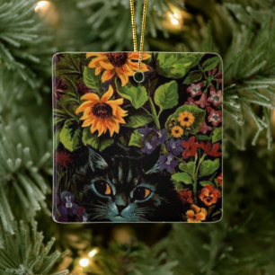 En Céramique Louis Wain Ornement de Chats entouré de fleurs
