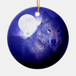 En Céramique Loup, lune et ornement de nuit bleu