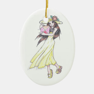 En Céramique Ornement avec la fille dans la robe jaune