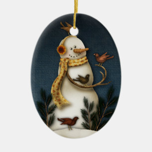 En Céramique ornement de bonhomme de neige et d'oiseau