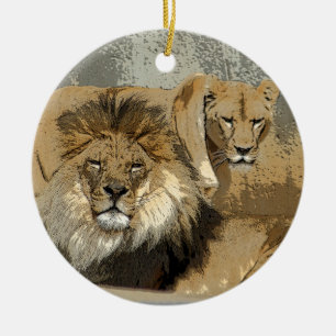 EN CÉRAMIQUE ORNEMENT DE PAIRES DE LION ET DE LIONNE