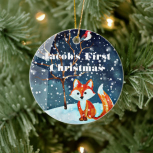 En Céramique Ornement de premier Noël de bébé - Renard aquarell