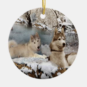 En Céramique Ornement de scène de neige de chiens de traîneau