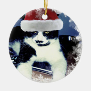 En Céramique Ornement Rond Chat Tuxedo de Noël