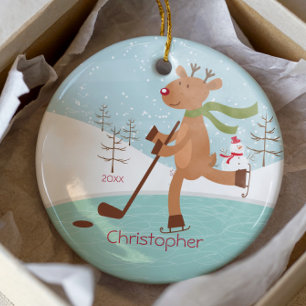 En Céramique Patinage Rindeer de hockey Date de Noël Ornement