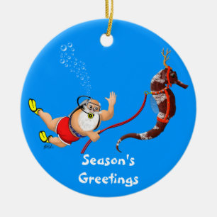 En Céramique Père Noël et ornement d'hippocampe (bleu)