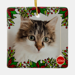En Céramique Pet Chat Poinsettia Année Boule de Noël Ornement