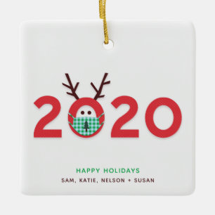 En Céramique Reindeer masqué 2020 - Ornement vert rouge personn