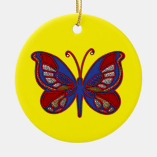 En Céramique Rouge Bleu Bleu Papillon-Jaune Ornement rond