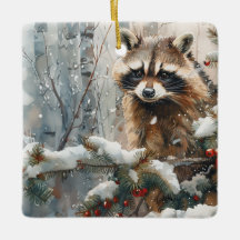 Scène hivernale Raccoon - Ornement de la faune