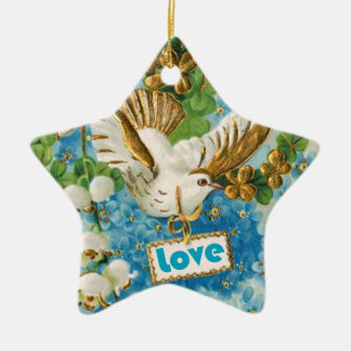 En Céramique Vintage Love colombe bleu fleurs blanches ornement