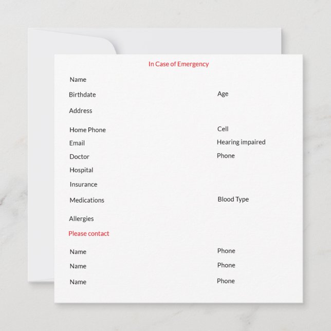 En Coque de la carte de contact d'urgence (Devant)