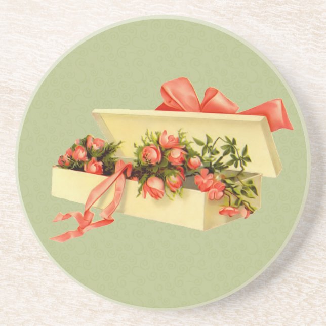 En Grès Boîte De Dessous de verre D'Art Rose Vinage (Devant)