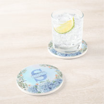 Dessous de verre rond Blue Hydrangea Monogram