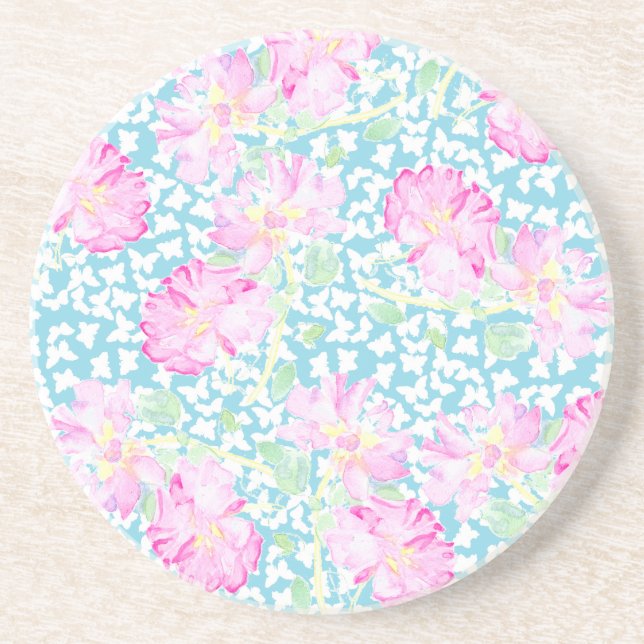 En Grès Dessous de verre rond de grès, Roses et papillons (Devant)