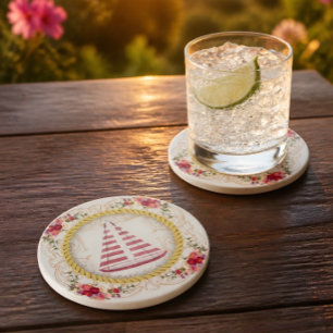 En Grès Dessous de verre rose florale et voilier nautique