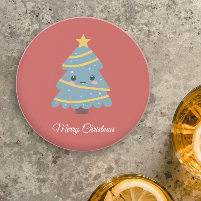 En Grès Dessous de verre rouge avec arbre de Noël Kawaii (Red Coaster with Kawaii Christmas Tree)