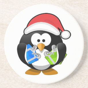 En Grès Pingouin mignon avec Dessous de verre de Santa Hat