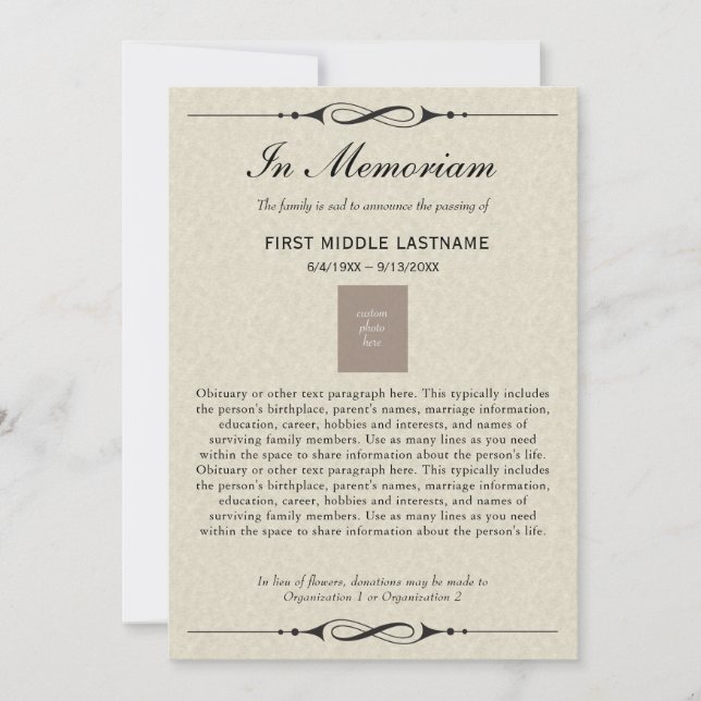 En mémoire de la mort Faire-part avec nécrologie (Devant)
