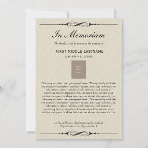 En mémoire de la mort Faire-part avec nécrologie