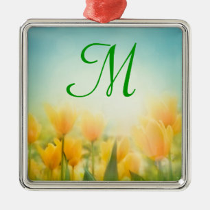 En Métal Soleil Kissé Tulipes Jaunes Monogramme Ornement in