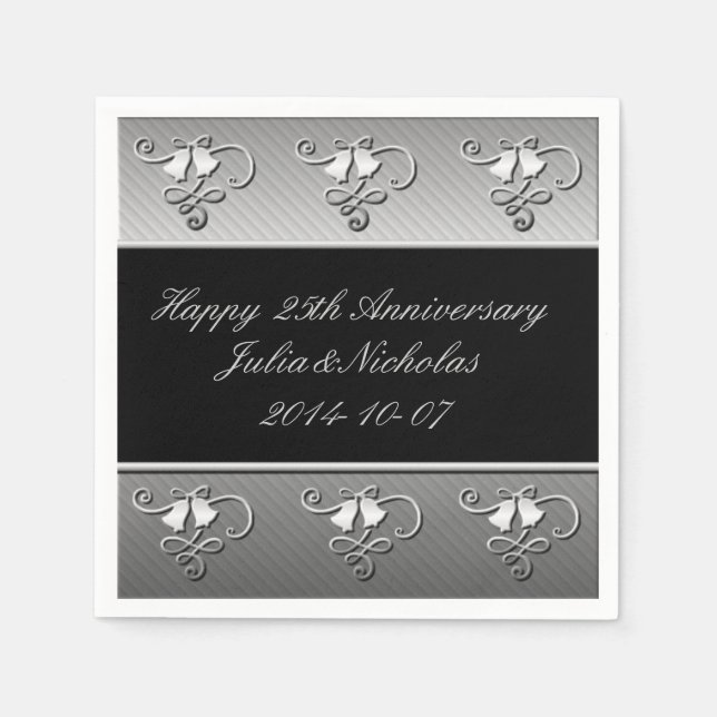 En Papier 25e anniversaire Argent et serviettes noires (Devant)