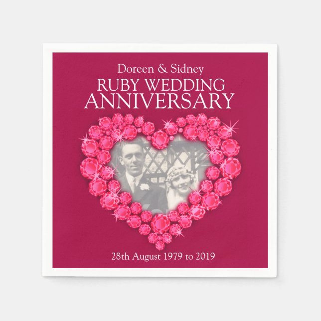 En Papier Ruby Mariage 40 ans coeur photo et nom serviettes (Devant)