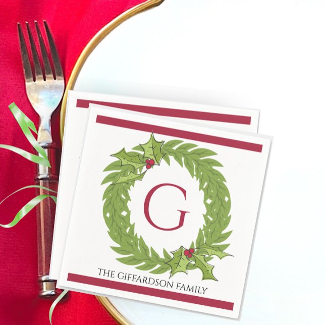 En Papier Serviette de cocktail personnalisée avec monogramm (Personalized Monogram Christmas Wreath Red Green Custom Family Name Cocktail Drink Party Napkins)