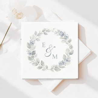 En Papier Serviette de mariage à couronne florale bleu clair