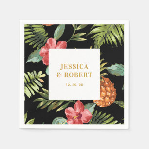 En Papier Serviette de mariage tropicale été Noir & Or
