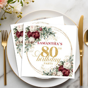 En Papier Serviette de table Burgundy Floral Gold pour 80ème
