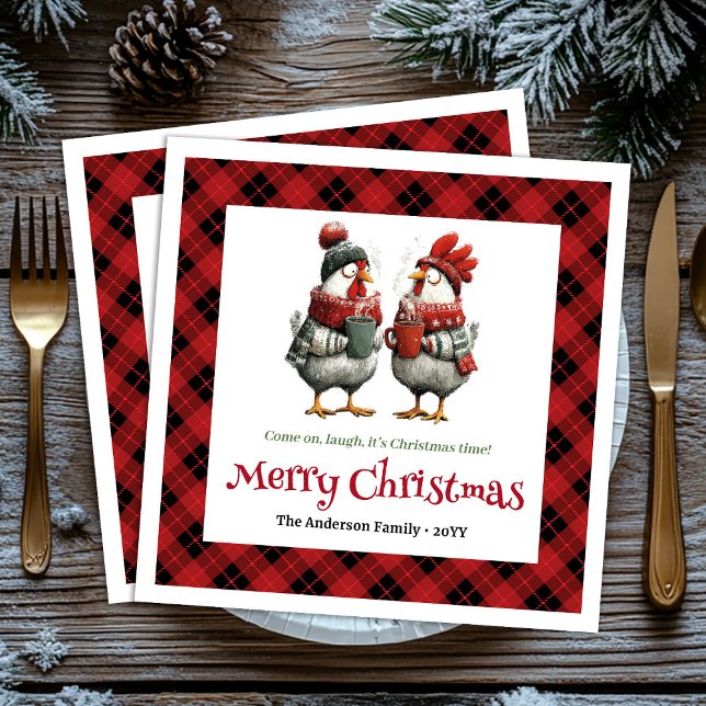 En Papier Serviette fantaisiste festive avec nom personnalis (Modern Quirky Chickens Editable Cartoon Red Green Christmas Napkins

)