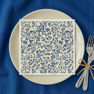 En Papier Serviette florale bleue et crème de style Delft an