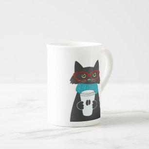 En Porcelaine Chat aux lunettes tenant une tasse de café