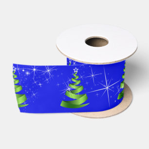 En Satin Arbres de Noël Étincelants De Ruban Vert Sur Bleu
