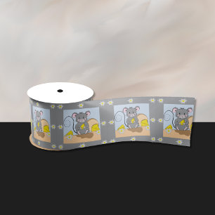 En Satin Caricature grise mignonne souris mangeant ruban de