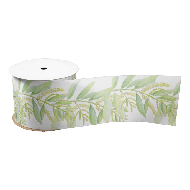 En Satin Eucalyptus aquarelle vert ruban blanc (Bobine)