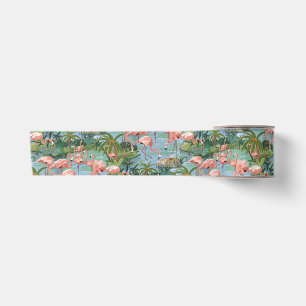 En Satin Flamants roses roses dans un ruban bleu tropical