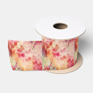 En Satin Fleurs Et Papillons Aquarelle, Ruban Satiné