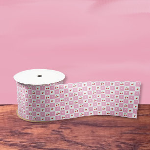 En Satin Motif Festif Checker, Cerises, Ruban Fleur