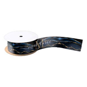 En Satin Nom du monogramme Agate Marine Blue Gold Ruban