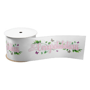En Satin Pink Floral Félicitations texte Ruban