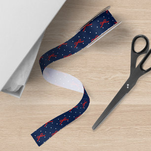 En Satin Pot Polka bleu et blanc avec ruban rouge