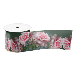 En Satin Roses roses roses larges Mariage noir vert ruban