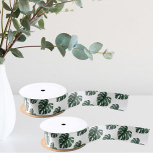 En Satin Ruban de mariage à feuille de Monstera verte